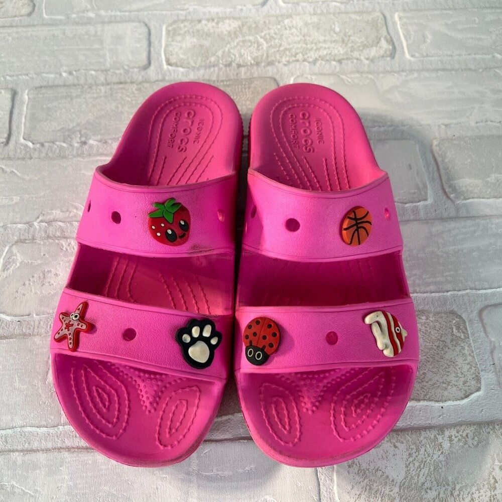 Crocs Classic Sandals Womens 7 Men 5 Pink Charms Two Double Strap Bright Comfort